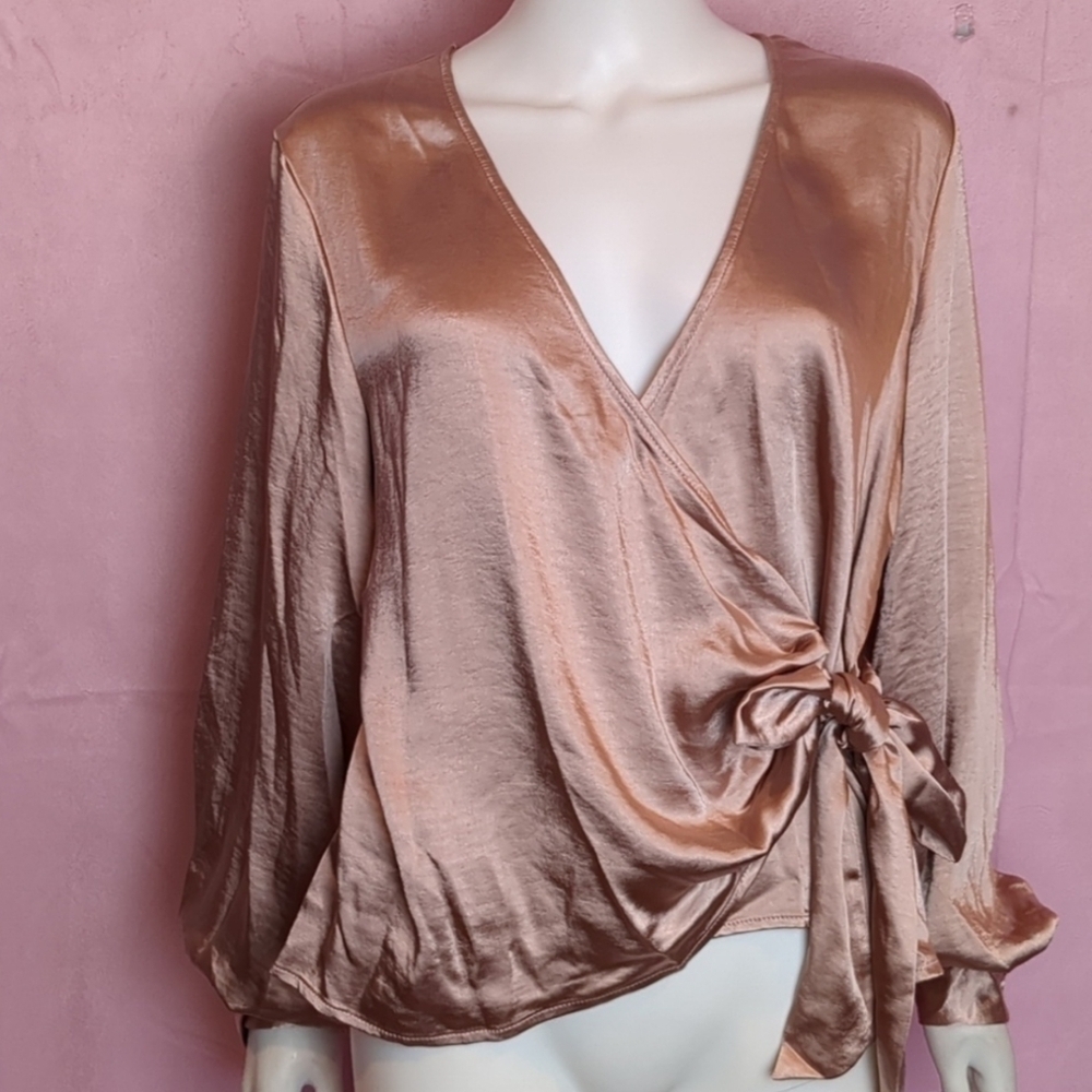 Nasty Gal Rose Pink Long Sleeve Satin Wrap Blouse size 8